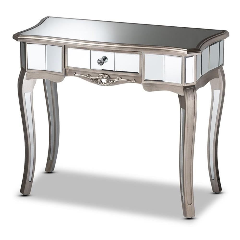 Baxton Studio Elgin ntemporary Glam and Luxe Brushed Silver Finished Wood and Mirrored Glass 1-Drawer nsole Table (11919)